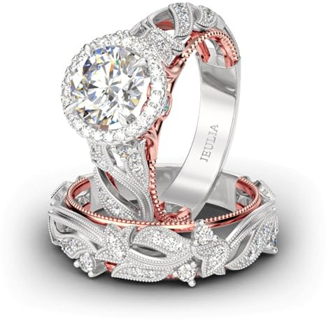 Jeulia Ensembles bagues ajourées 4 carats pour femmes Ensembles mariage en argent Bague fiançailles halo ronde en or rose Bande diamants blancs Bagues promesse d'anniversaire solitaire CZ (53（16.9）)