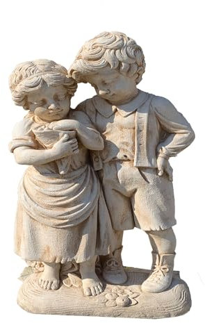 Fanuli manufatti - Coppia di bimbi Gardenia o putti, Scultura monoblocco per giardino, in cemento bianco e polvere di marmo, ideali per l'esterno, color nocciola
