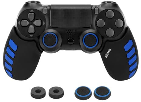 NiTHO Gaming Kit für Controller PS4, Kompletter Verbesserungsset - Anti-Schwitz Silikongriffe, Joystick-Kappen, Präzisionsringe, Spielzubehör für PlayStation 4 Controller - Schwarz/Blau