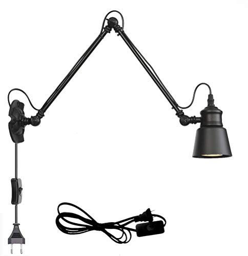 Schwarz Industrial Wandleuchte mit Schalter Retro Innen E27 Wandlampe Wohnzimmer Wand-Leselampen Verstellbar Metall Langer Arm 30+30cm, 1,8 m Kabel mit EU Stecker, für Schlafzimmer Bettseite Büro