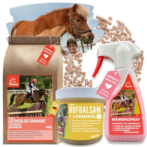 EMMA Pferdeleckerlis + Huffett Pferde + Mähnenspray für Pferde I Leckerli Pferd - Schweifspray für Pferde - Pferde Leckerlies - Huffett Hufpflege & Pferdepflege Pferde Set 3st Pferde Mädchen Geschenk