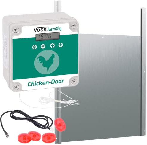VOSS.farming Set Chicken-Door automatische Hühnertür + Alu Hühnerklappe 430 x 400mm, Türöffnung, Türöffner für Hühnerstall, Hühnerhaus, mit Lichtsensor, Zeitschaltung, Manuell