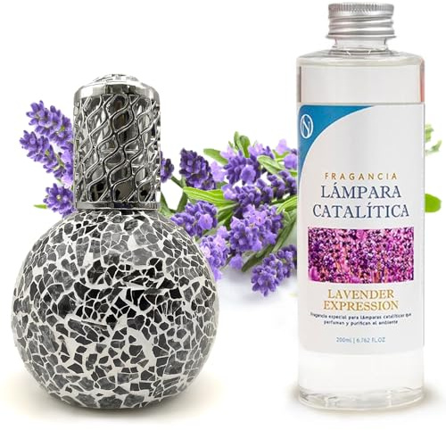 M MAMA MANUELA Pack Ahorro Lámpara Catalítica Mosaico Negro + Fragancia Aroma Lavender 200ml. Elimina Malos olores e impurezas, perfuma y Limpia.