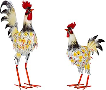 Birendy Magnifique couple de figurines en métal - Coq et poule - W-G 47/48 - Figurine décorative de jardin (coq et poule clair 47/48) - Clair
