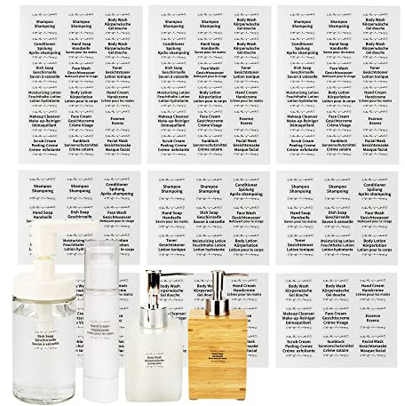 JJC 108 Piezas Pegatinas Etiquetas de Botella Impermeables Etiquetas de Casa de Jabón de Manos Dispensador de Lavado Facial Loción Champú Acondicionador Suministros para Baño EN, DE, FR Idiomas