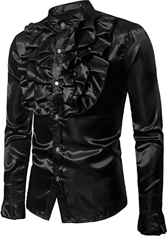 Chemises habillées pour hommes à manches longues au design brillant, coupe ajustée, business, boutonnage, chemises à volants, chemise habillée de fête de luxe, Noir , L