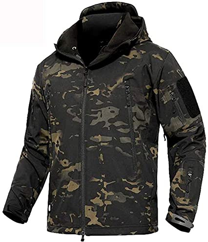 Memoryee Herren Wasserdichte Softshelljacken Fleece Futter Warme Militärische Outdoor Winddicht Übergangsjacke mit Kapuze/Camouflage Black(new)/XL