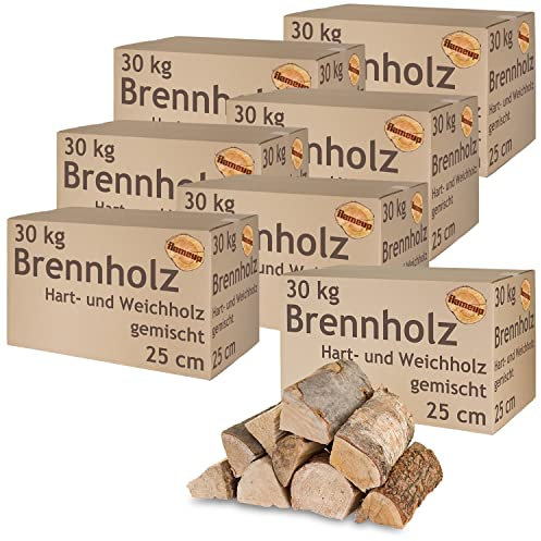 Brennholz Gemischt Kaminholz 210 kg Buche Eiche Birke Kiefer Fichte Holz Für Ofen und Kamin Kaminofen Feuerschale Grill Feuerholz 25 cm Wood Kammergetrocknet Flameup