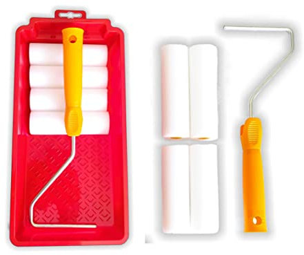 Quercos. Kit Rullo di Schiuma Vernice da 11 cm - 4 Rullo di Ricambio per Smalto con Vassoio - Indicato per Pittura Metallo o Legno-Rullo Pittura Piccolo - Rullo Per Pittura