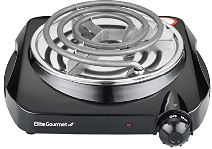 Elite Gourmet ESB301C Countertop Single Coiled Burner, 1100 Watts Electric Hot Plate, Temperature Controls, Power Indicator Lights, Easy to Clean, Black