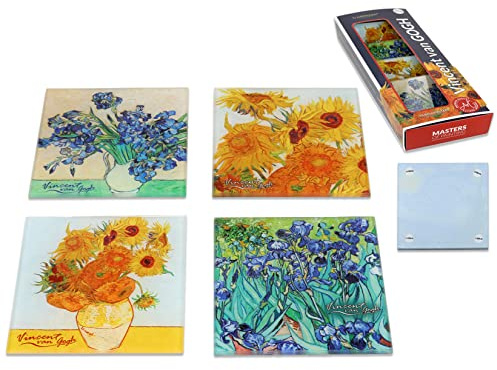 CARMANI Glasuntersetzer, Glaspad, Getränkematte, hitzebeständig, 4er-Set, bedruckt mit Vincent Van Gogh, Schwertlilien in einer Vase, Sonnenblumen, Sonnenblumen in einer Vase, Schwertlilien