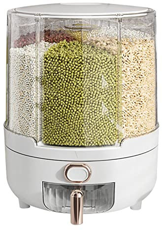 Kasmole Reisspender - 360 Grad drehbarer transparenter Trockenfutterspender,Versiegelter Lebensmittelhalter mit 6 Fächern und abnehmbarem Deckel, Aufbewahrungsbehälter für Küchengetreide