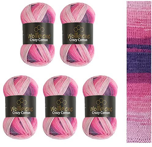 5 x 100g Wollbiene Crazy Cotton Batik 500 Gramm mit Farbverlauf 55% Baumwolle mehrfarbig Multicolor Strickwolle Häkelwolle Wolle Ganzjahreswolle (6040 beere lila rosa)