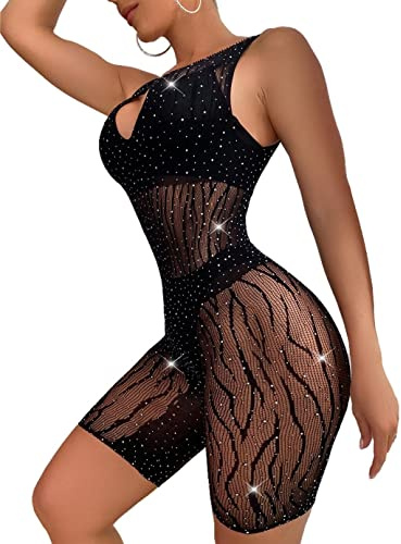 Bommi Fairy Women’s Sexy Rhinestone Fishnet See Through Lace Mini Dress Jumpsuits Clubwear Cut Out Bodysuit Straps Sheer (Black)