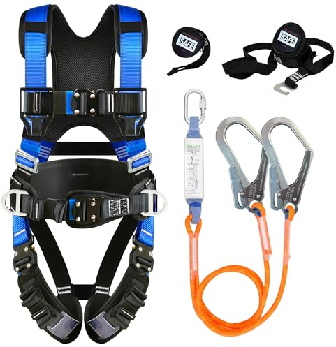Safety Harness Fall Protection Kit with Shock Absorbing Lanyard & Suspension Trauma Safety Straps Upgrade Quick Buckles, Roofing Harness Construction Harness Para Construccion ANSI Compliant Blue