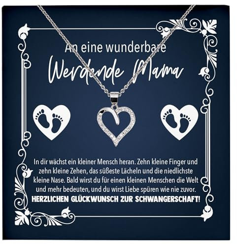 22Feels Schwangerschaft Geschenk Frauen, Babyshower Werdende Mama Schmuck Set, Geburtstag Muttertag, Mom To Be, Bald Mutter - Echt Silber 925 Herz Halskette mit Karte