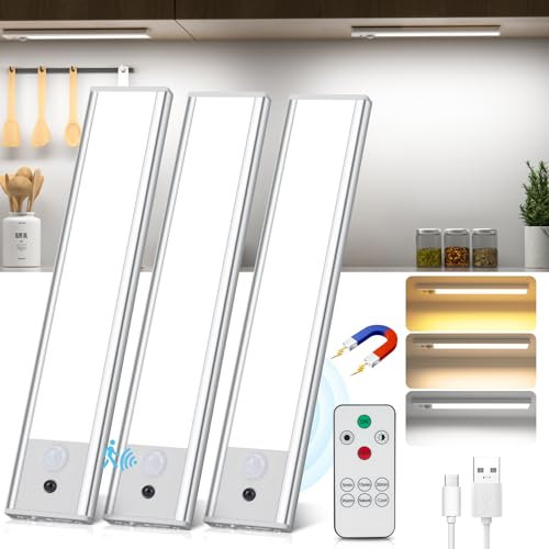 TOPPLEE Led Sottopensile Cucina, 20.5CM Luce Led Sottopensile con Telecomando, 3000K-6500K Dimmerabile Luci LED Cucina con Sensore di Movimento per Armadio Scale Corridoio, 3 Pezzi
