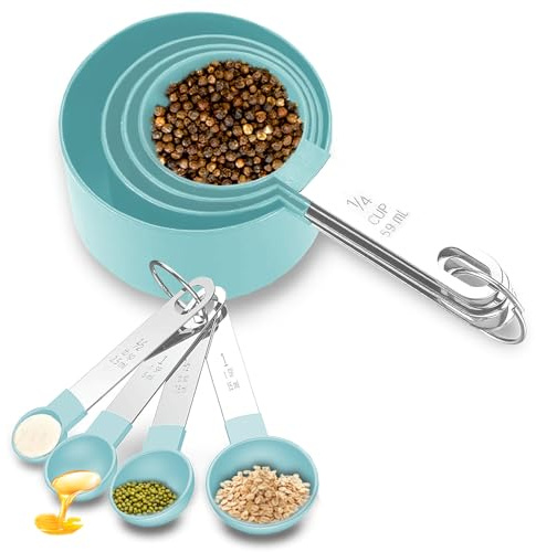 8 Stück Messlöffel Set, Messbecher Set Edelstahl, für Messen Flüssigkeiten und Feststoffe mit 4 Measuring Cups und 4 Löffel, Dosierlöffel für Backmessen, Blau