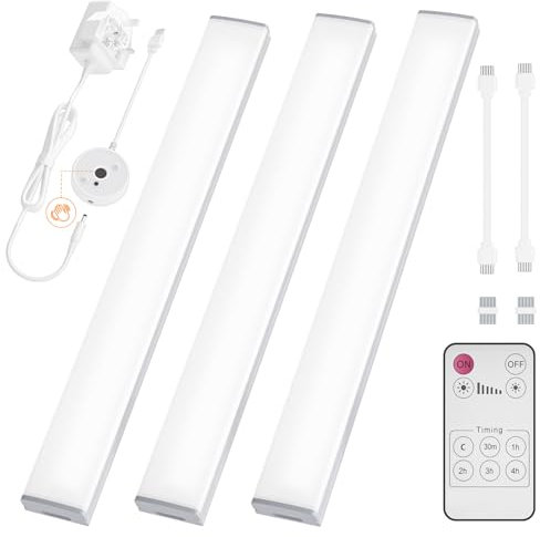Hensam Under Cabinet Lights, LED Under Counter Light Bar with Remote and Timer, Plug in 3x30 cm Closet Light Wired for Kitchen, Indoor Fixtures, Bedroom, Dimmable 6000K White