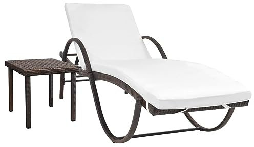Tidyard Solstol, trädgårdsstol, relaxstol, fritidsstol, trädgårdsmöbler, liggstol, trästol, strandstol, bastustol, solstol med dyna och bord, poly rotting brun