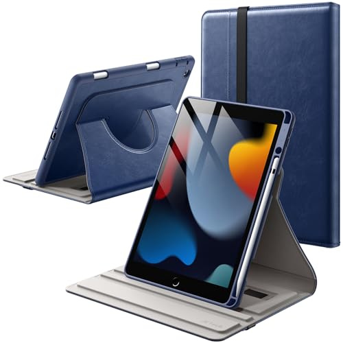 JETech Coque Rotatif pour iPad 9e/8e/7e Gén 10,2, Marine | Pour iPad 10,2 (2021/2020/2019), Étui Housse Support Rotatif à 360°, Porte-Pencil, Folio en Similicuir PU