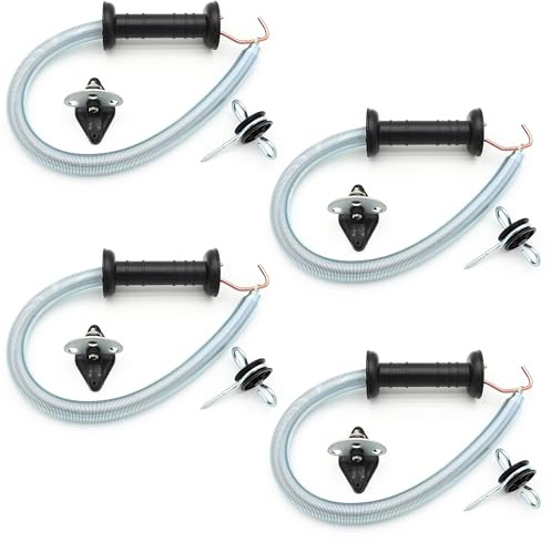 Electric Fence Spring Gate Handles Kit, Dual Ring Electric Fence Insulators for Wooden Post, Electric Fence Handle Set with Anchors,16-Feet Tension Spring, Black (4)