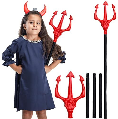 FePen Teufelsgabel, Teufels-Heugabel-Kostümzubehör, 105 cm – Rot Teufel Kostüm Kinder mit Abnehmbarem Dreizack, Dreizack Teufel, Geisterkopf-Spleiß-Requisite für Halloween, Karneval, Bühnenauftritte