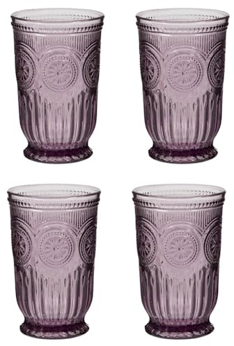 Tumbler Glasses Set of 4 Vintage Style Drinking Glasses with Embossed Mandala Design Turquoise, Purple Blue & Amber Highball Glasses with Footed Bases Drinking Glass Set (Purple)