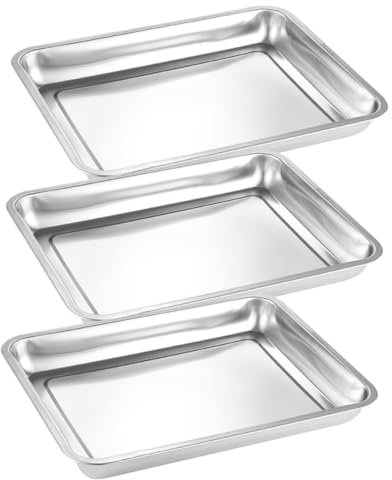 SECFOU Stainless Steel Baking Tray Set of 3 Rectangular Oven Pans Multipurpose for Baking Barbecuing Serving Dishwasher Safe for Home Restaurant