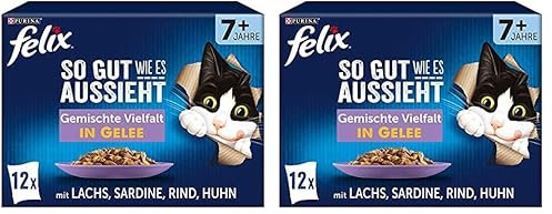 FELIX So gut wie es aussieht Senior Katzenfutter nass in Gelee, Sorten-Mix, 12er Pack (6 x 12 Beutel à 85g) Rind, Lachs, Huhn Sardine