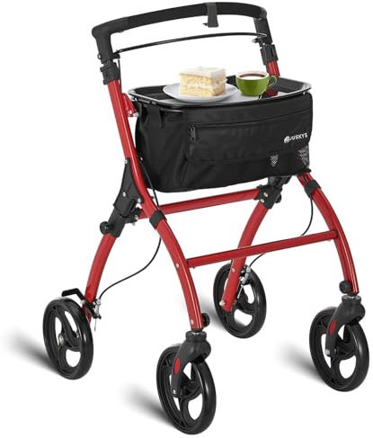 Juskys Deambulatore da Interno in Alluminio con Vassoio & Borsa - Rollator Leggero, Stretto & Pieghevole - Rosso