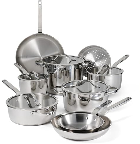 Tramontina Tempo - Juego de ollas y sartenes de acero inoxidable con base de tres capas | Juego de utensilios de cocina listos para inducción con tapas, aptos para horno, lavavajillas