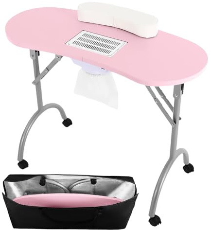 DAOHHFO Table de manucure pliable avec aspiration, 90 × 40 × 72,5 cm, portable, avec sac de transport étanche, sac d'aspirateur (rose)