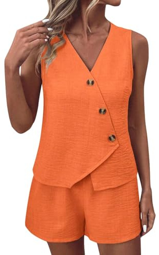 NSICBMNO Lounge Sets For Women Shorts Co Ord Sets Summer 2 Piece Outfits Sleeveless Waistcoat V Neck Vest Tops Wide Leg Shorts Casual Tracksuits Travel Airport Outfits For Office Work Beach