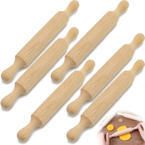 Mini Rolling Pins 6 Pack Wooden Rolling Pin (Small) for Boys and Girls Smooth Non Stick Rolling Pin with 2 Rollers Handle for Baking Dough Fondant Pizza Cookie Bread Easter