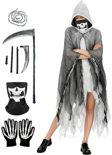 Atsmoce Juego de capa de fantasmas de Halloween, capa de fantasmas de terror, disfraces de parca, juego de Grim Reaper, con hoz, máscara de calavera, guantes, cadenas, talla única, unisex