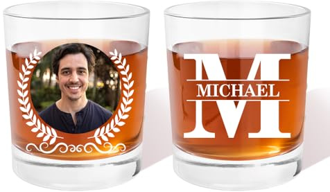 Verre à whisky personnalisé avec photo de 293,5 g avec nom et nom d'alcool, cadeau d'anniversaire, fête des pères, pour papa, grand-père, amateurs de whisky