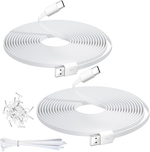 2PCS 5M Flat USB C Cable, Extra Long USB A to USBC Charging Power Extension Cord for Home Security Cameras Phones Tablets Gaming Controller and More USB C Devices, Support Data Transfer-White