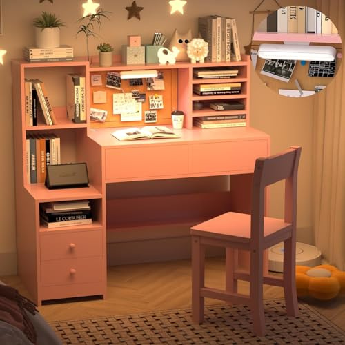 NKUGCFC Pink Wooden Kids Study Desk and Chair Set, Childrens Desk with Light, 4 Drawers,Storage Cabinets and Shelves, Boys & Girls Study Desk for Bedroom and Kidsroom