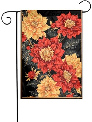 Drapeau de jardin Dahlias rouge et doré 30 x 45 cm vertical double face ferme vacances décorations extérieures drapeau de cour