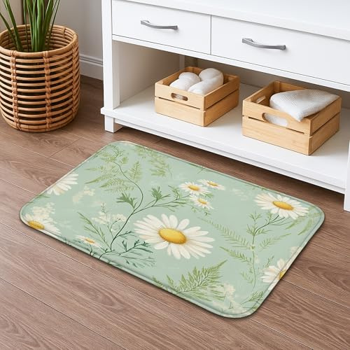 Tapete de baño floral de secado rápido, diseño vintage de crisantemo verde, absorbente, antideslizante, tapete decorativo de franela lavable para baño, inodoro, baño, 20 x 32 pulgadas
