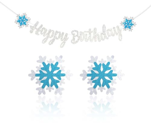 Schneemotivierte Happy Birthday Girlande, Schneeflocken-Girlande für die Geburtstagsparty, Blaue Winterwunderland-Schleifendekoration, Ideal für Mädchenpartys