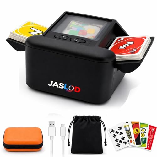 JASLOD Mélangeur de Cartes Automatique Électronique, Rechargeable USB Distributeur de Carte Compatible UNO Poker Skyjo Jeu de Société Sac de Rangement Inclus Silencieux et Rapide, Mode Auto et Manuel