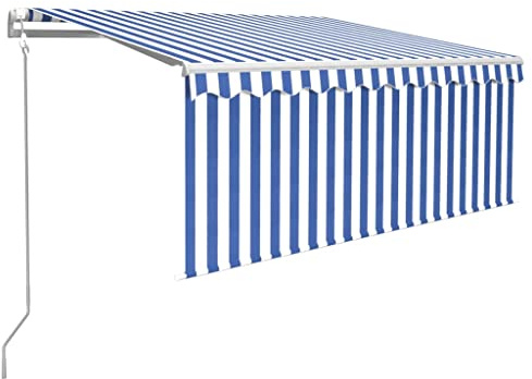 Foknhdi Tenda da sole per balcone, automatica, 3,5 x 2,5 m, blu e bianco, con sensore di vento a LED, in alluminio, robusta, per terrazza, giardino, balcone