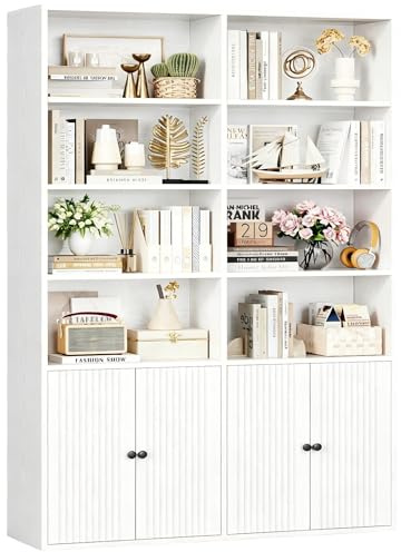 IRONCK Bücherregal mit Türen, Regal Holz mit 6 Ebenen 12 Fächern, Bücherschrank Hochschrank Vitrinenschrank, Einstellbare Regalböden, Standregal für Wohnzimmer Büro Schlafzimmer 108×30×180cm,Weiß