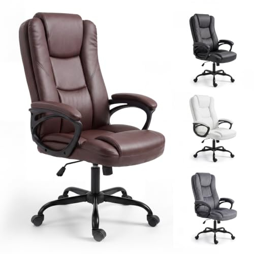 Asukale Bürostuhl mit Wippfunktion 150kg, Chefsessel Hohe Rückenlehne | Schreibtischstuhl Ergonomisch, Zonen-Sitzkissen Dick Gepolstert, Höhenverstellbar, Gepolsterte Armlehnen, Leder Braun