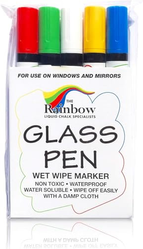 RAINBOW CHALK MARKERS - GLASS PEN - 5 Pack Assorted 5mm Bullet Tip Designed for Writing on GLASS Windows Counters Mirrors