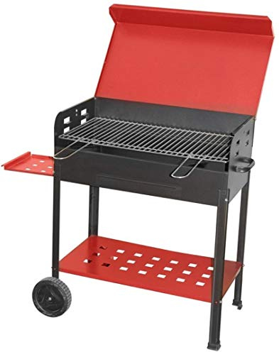 Holzkohlegrill 'Vanessa' aus lackiertem Eisen. Mit seitlicher Ablage, unterer Ablage und Rädern. Grillrost aus Stahl mit Griffen vorne und Deckel.