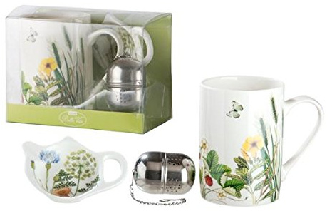 Gilde Tasse aus Porzellan mit Sieb und Deckel mit Blumen und Schmetterlingen Dekor Wild Flowers
