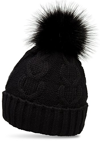 Caspar MU163 Damen Mütze Strickmütze mit tierschutzgerechtem Kunstfell Bommel und klassischem Zopf Strickmuster
